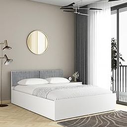 A GLOBIA CREATIONS Vintage Queen Bed with Hydraulic 3-4TH Lift On Storage, Engineered Wood | Stylish & Durable | Frosty White Finish | Grey Fabric Cushioned Headboard | Knock-Down | 3 Years Warranty-image-64