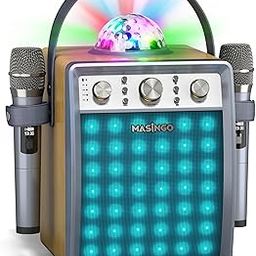 MASINGO 2023 Karaoke Machine for Adults & Kids with 2 Wireless Microphones - Portable Singing PA Speaker System Set w/Two Bluetooth Mics, Disco Ball Party Lights & TV Cable - Ostinato M7 (Wood)-8
