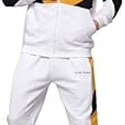 Men's Stylish Zipper Color Blocked Cotton Fleece White Tracksuit-image-72