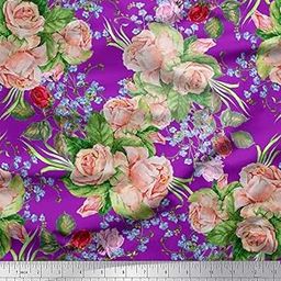 Soimoi Purple Cotton Cambric Fabric Leaves,Periwinkle & Rose Floral Print Fabric by The Meter 42 Inch Wide-image-25