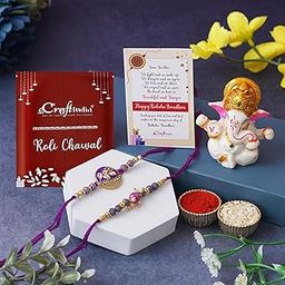 eCraftIndia Set of 2 Rakhi Gift for Brother | Purple Floral & Pearl Designer Rakhis | Lord Ganesha Idol | Greeting Card | Roli Chawal Pack-16