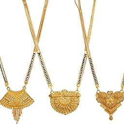 Pack of 3 Gold Plated Designer Long Chain Black Beads Mangal Sutra Tali/Tanmaniya/Nallapusalu/Mangalsutra for Women-1