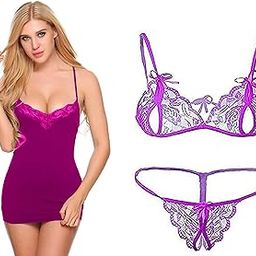 Lace Babydoll Lingerie Mesh Wedding Nightie Bridal Nightdress Women's Lace Babydoll with Bra Panty Lingerie Mesh Nightgown for Honeymoon, Wedding, Bikini Beachwear Purple-image-39