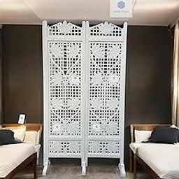 Wooden Room Partition for Living Room Partitions Room Divider Panel for Home (Flower Design White with Stand) (6 Feet 2 Panel White with Stand)-image-127