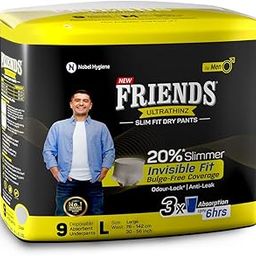 Friends UltraThins Slim Fit Adult Diapers (Dry Pants) for Men - Large – 9 Count - with thin design, grey colour, and anti-rash - Waist Size 25-48 Inch ;6 3.5-122 cm-91