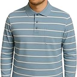 Men's Long Sleeve Striped Polo T-Shirt, Teal Blue with White Stripes, Chest Pocket-image-47