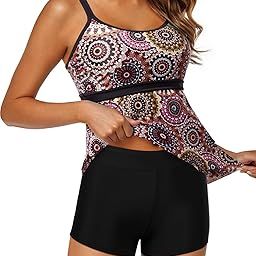 Tankini Bathing Suits for Women Tummy Control Swimsuits with Boy Shorts Two Piece Modest Swimwear Brown Mandala L-image-27