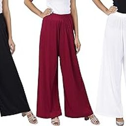 M to 6XL Cotton Viscose Loose Fit Flared Wide Leg Palazzo Pants for Women Light Skin Dark Skin Grey Combo Pack of 3-image-4