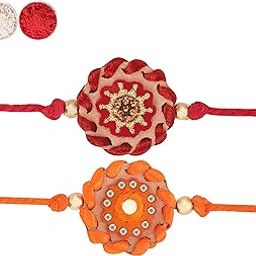 by Q-One Designer Rakhi Combo Set with Roli Chawal & Moli for Men (Orange-Gold | Pack of 2) | Embroidered Handcrafted Raksha Bandhan Bracelet for Brother-image-70