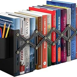 APPUCOCO Adjustable Metal Bookend For Tabletop Heavy Books Tiered Shelf Organizer Holder For Home Storage, Office, Classroom, Library With Pen Holder (Extends Up To 15 Inches) - Black-picture-18