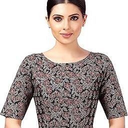 Women's Readymade Cotton Elbow Length Sleeves Block Printed Boat Neck Saree Blouse-image-12