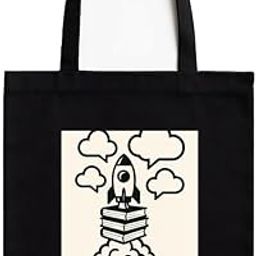 Black Cotton Tote Bag Book Rocket Launch for Women & Men with Printed A4 Pocket | Books & Coffee Quote | Stylish Canvas Tote for College, Work, Gifting| Zipper, 100% Cotton, Washable-image-37