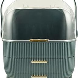 Qshare Makeup Organizer Box with Lid & Drawers - Portable Plastic Vanity Skincare Organiser with Handle & Gold Legs for Women, Countertop Cosmetic Storage Box for Dressing Table & Parlour (Dark Green)-image-35