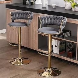 My Art Design - Set of 2 Bar/Kitchen Chairs 360 Degree Rotatable Swivel Elegant Classy & Comfortable Chair with Golden Base and Velvet Fabric (2 Chairs) (Dark Grey)-2