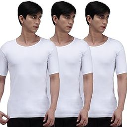 Men Cotton Solid White Half Sleeve Vest Pack 3-image-117