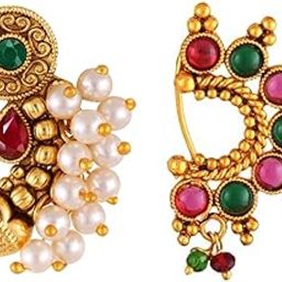Vighnaharta Gold Plated with Pearl Alloy and Artificial stone CZ Non Piercing Maharashtrian Nath Nathiya Combo./ Nose Pin valentine day gift valentineday gift for her gift for him gift for women gift for women[VFJ1033-1183NTH-Press-Multi]-9