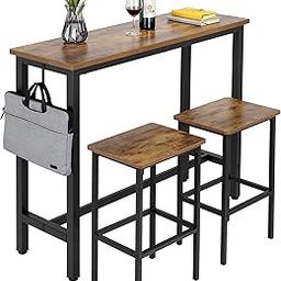 Finnhomy 47" Industrial Bar Table Set with 2 Stools - Counter Height Dining & Pub Table for Small Spaces, Kitchen, Apartment, Breakfast Nook - Metal & Wood, Space-Saving Furniture - Rustic Brown-0