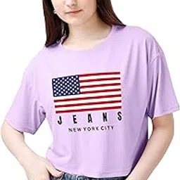elliti Soft Rich Cotton Half Sleeve | Round Neck | Oversized/Loose Fit | Down Solder | US Flage Print Crop Top for Women-picture-1
