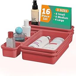 Kuber Industries 16 Pcs Set Plastic Interlocking Desk Drawer Organizer Trays for Home and Office | Cutlery Tray for Kitchen Drawers Organisers | Vanity, Makeup and Dressing Table Organiser | Dark Pink-image-78