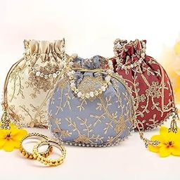 Kuber Industries Pack of 3 Potli Bags for Ladies & Girls | Shagun Pouches for Festive Seasons | Embroidery Bridal Purse -Cream Maroon & Grey-image-70