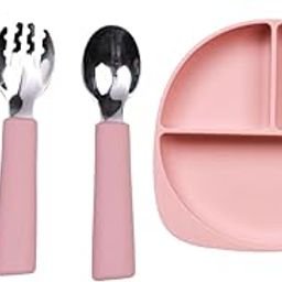 tudd Baby Grip Set Stainless Steel & Silicone Utensils for Kids | Pink with Baby Smiley Suction Plate | Silicone Toddler Plate with 3 Suction Cups & Dividers | Pink-image-97