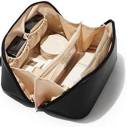 KEETLY Large Capacity Portable Cosmetic Bathroom Makeup Storage Bag Case Toiletry Kit with Steel Zipper, Handle, Leather Mini Cosmetic Organizer Storage Zipper Pouch Bag Kit (Black)-image-99