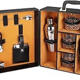 generic Anything & Everything Portable Leatherette Bar Set With Ice Bucket | Wine and Whisky Case | Wooden Accessories for Picnic (04 Whisky Glasses) (Black & Beige)-picture-17