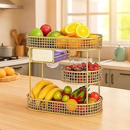 HOME DECO fruit basket stand metal fruit rack kitchen fruit basket Stand for Kitchen & Dining | Metal Vegetable & Fruit Storage Rack with Drawer | Countertop Organizer | Stylish Gold Finish-image-64
