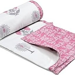 DE CAMA Cotton Single Bed Dohar | Hand Block Printed Summer AC Blanket (60 x 90 Inch)| Mulmul Fabric 150 GSM | Soft & Lightweight Comforter for All Seasons | Reversible Design - Pink Palm Tree-9