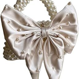 Elegant Pearl Bow Handbag, Satin Finish with Pearl Embellishments, Off-White, Party wedding purse-image-4