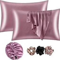 Satin Bonnet for Curly Hair with Free Silk Satin Pillow Covers and Scrunchies | Silk Bonnet for Hair|Best Gift Combo of Pack of 2 Satin Pillowcases with 3 Silk Scrunchies Adjustable HairCap (rose gold)-56
