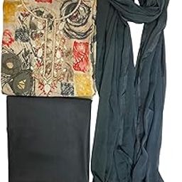 Ladies Suit with Printed Top, Black Bottom, Grey Scarf with Embellished Border, 3-Piece Set-picture-2