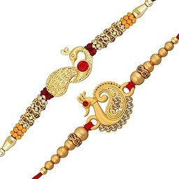 Rakshabandhan Gifts Combo Pack Of 2 Matte Gold Peacock Alloy Rakhi (Bracelet) With Multicolor Crystal Elements- Rakhi For Brother, Bhaiya, Bhai CO1000337C-image-92