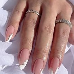 Set Of 14Pc, Press-On Short Almond Glossy Nude Base Color, White Silver French Nail Extensions With Free Glue Kit-52