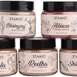 STAMIO Hair Care 5 Products Combo 250 gm - Amla Reetha Shikakai Bhringraj Hibiscus Powder for Pack, Wash, Mask, Shampoo, Dandruff, Cleanser | Natural Seedless Powders Kit | In Jar 50gm X 5-35