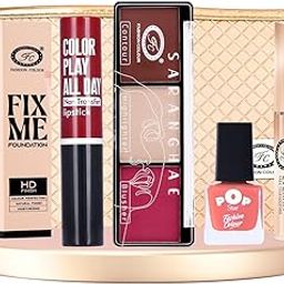 Fashion Colour 6-in-1 Complete Makeup Kit for Women – Foundation, Lipstick, Highlighter, Contour, Blusher, Nail Polish & Eyeliner with FREE Gold Cosmetic Pouch –Beauty Essentials (Rakhi Combo-02)-image-58