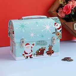 A VINTAGE AFFAIR- Home Decor Metal Storage Container | Christmas Trunk Piggy Bank | Vintage Style Metal Tin Box | Tabletop Decoration Party - Sky Blue Antique-5