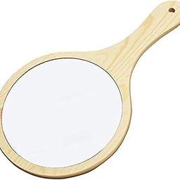 Red Square Natural Wood Mirror Wooden Hand Mirror Vintage Portable Compact Makeup Vanity Hand Held with Handle Dressing Table Shaving and for Travel kit (Small Round)-16