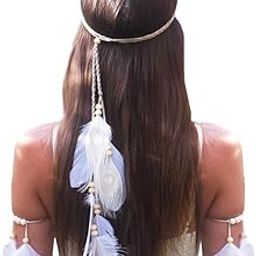 Feather Headband Hippie Indian Boho Hair Bands Tassel Bohemian Halloween Hair Hoop Women Crown Hairband Party Decoration Headdress Cosplay Costume Headwear Headpiece Cute Hair Accessories White Set-39
