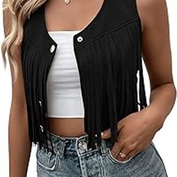 Women's Suede Fringe Trim Sleeveless Crop Vest Jacket Button Front Coat-image-25