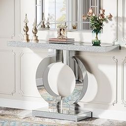 VENETIAN IMAGE Modern Mirrored Console Table with Silver Glitter Top & Circle Base – Luxury Glass Entryway Table for Hallway, Foyer, Living Room – 43 x 13 x 30 Inches (Modern 2 Silver)-picture-0