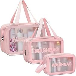 Clear Toiletry Bags Set of 3, Pink Travel Washbags with Handles, Transparent Cosmetic Organiser-image-99