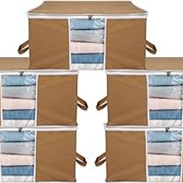 AARON INC Blanket Cover Storage Bag | Clothes Storage Organizer With Zipper | Transparent Window & Handle | Duvet Cover | Underbed Storage Bag | Ideal for Comforters and Quilts Brown Pack of 5-23