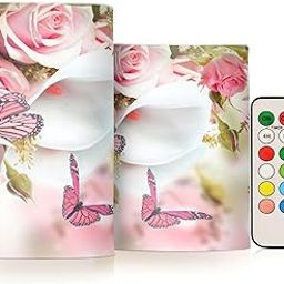 OURVII 2Pack Rose Butterfly Flameless Candles Set Remote Timers Pillar Candles for Home Bedroom Bathroom Outdoor Party Garden Ambient Lighting Kitchen Decoration-image-73