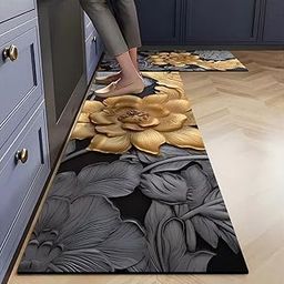 Anti Fatigue Kitchen Rug Set, 2 Pcs Non Slip Kitchen Mats for Floor Cushioned Kitchen Rug & Mat, Waterproof Comfort Standing Mat, Runner for Kitchen, Home Office, Sink, Laundry (Black Flower)-image-91