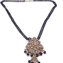 Traditional Gold-Plated Mangalsutra Necklace with Black Beads, Ruby Pendant, Double Chain Design-4
