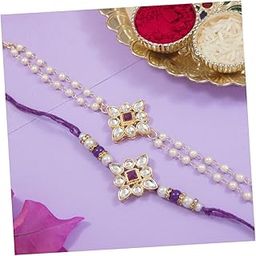 Designer Kundan Pearl Hanging Bhaiya Bhabhi Lumba Rakhi Bracelet Combo Set With Roli Chawal & Rakshabandhan Greeting Card-image-45