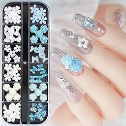 S.A.V.I 12-Grid 3D Resin Nail Art Box - White Blue Butterfly Flower Manicure DIY-12