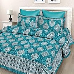 SheetKart 144 TC Cotton Printed Jaipuri Bedsheet Double Bed with 2 Pillow Covers, Sea Green, 144-200 tc-image-70