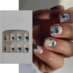 S.A.V.I 24 PCs Reusable Short Natural Shape Nude Flower Print Press-on Fake Nails DIY Manicure Set - Easy Application, Durable & Stylish False Nails for Salon-Quality at Home-45